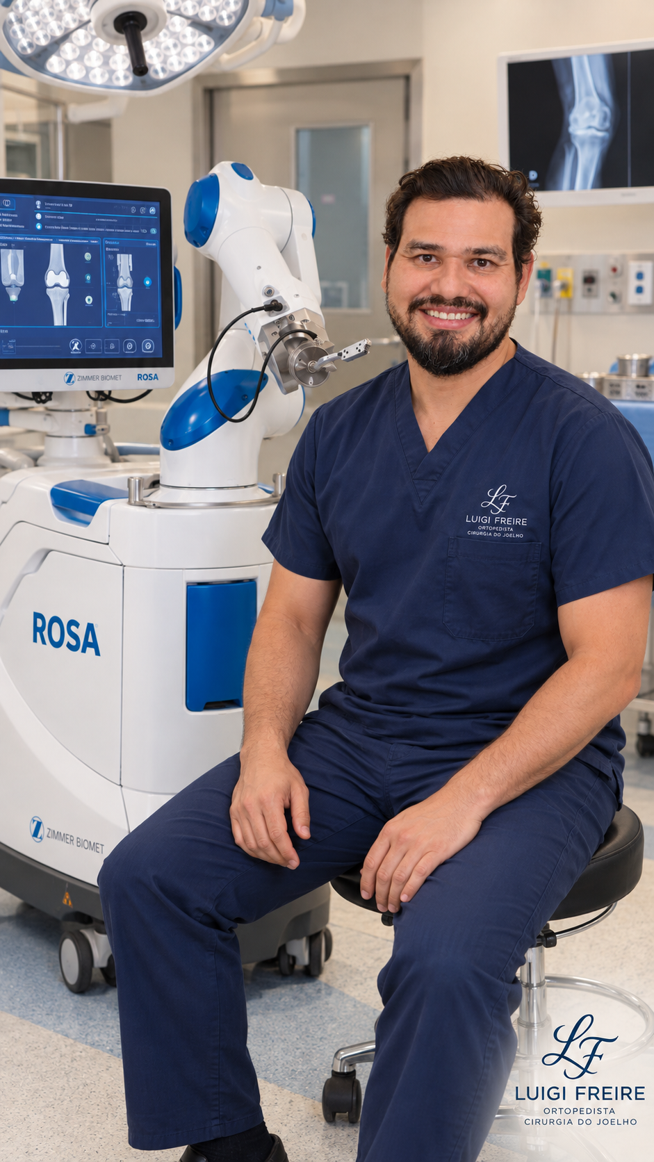 Dr. Luigi Freire, de roupa cirúrgica azul, ao lado de um equipamento em centro cirúrgico